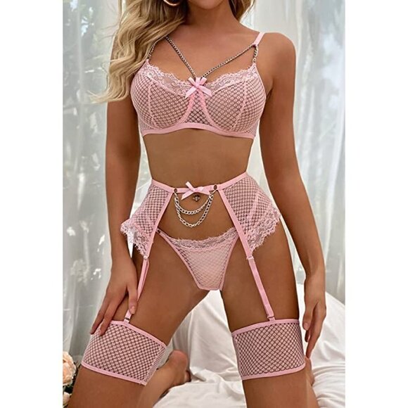 SEXY Eyelash Fishnet Lingerie Chain Babydoll Underwire Bra Panty Set Garter Belt - Picture 3 of 7